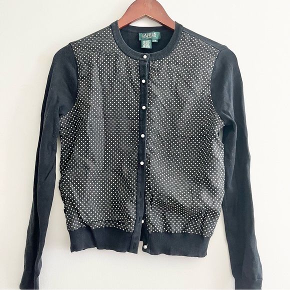 Lauren Ralph Lauren Silk Black & White Polka Dot Cardigan Sweater Petite Small - Picture 2 of 8
